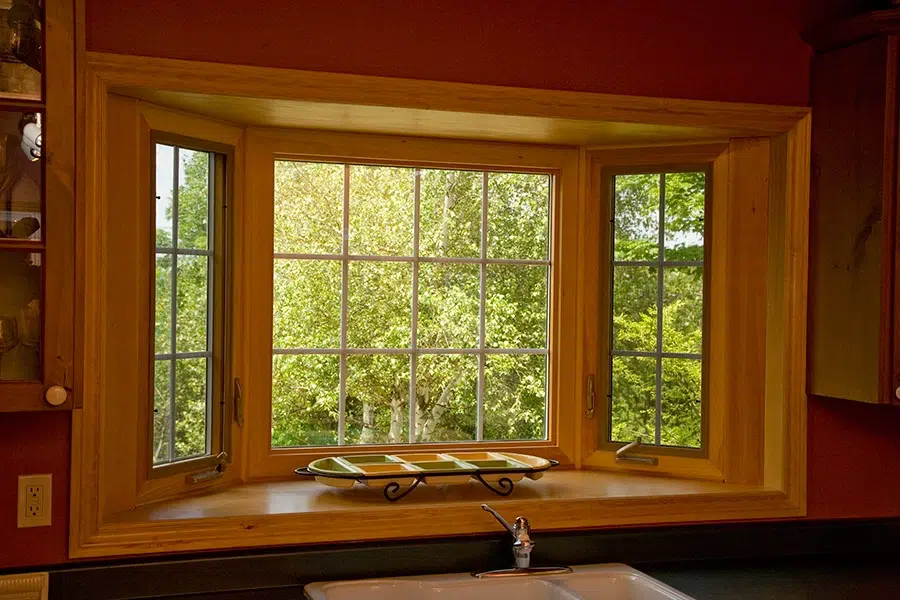 Kitchen window with a sink, showcasing a view of lush trees outside, featuring Custom Windows & Doors design.