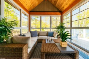 A raised Sunroom with a wooden frame and large windows attached to a house.